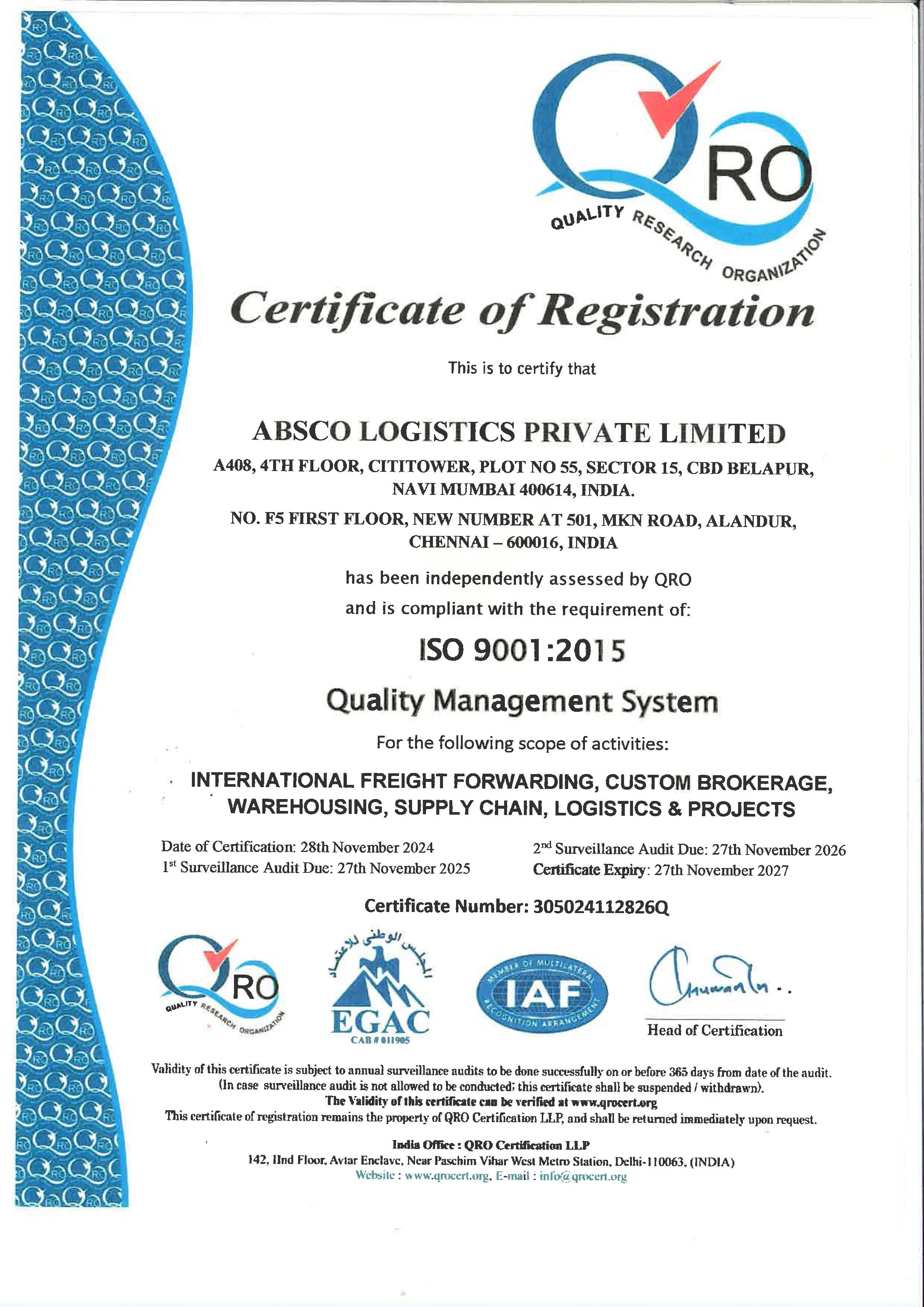 Certificates || ABSCO Logistics || Professional Certifications
